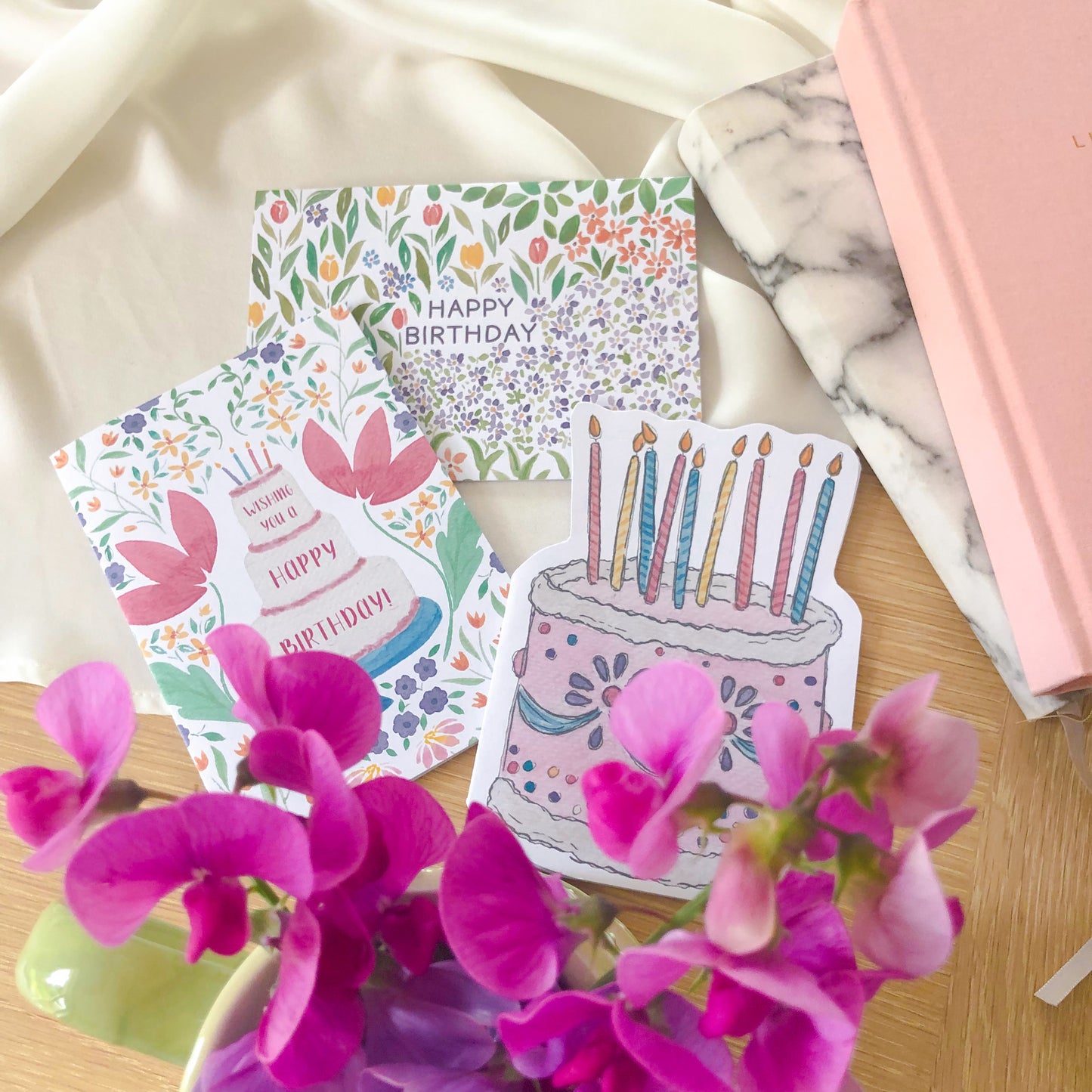 Pack of 3 Birthday Cards: Birthday Cake, Wishing You A Happy Birthday & Spring Flowers Happy Birthday
