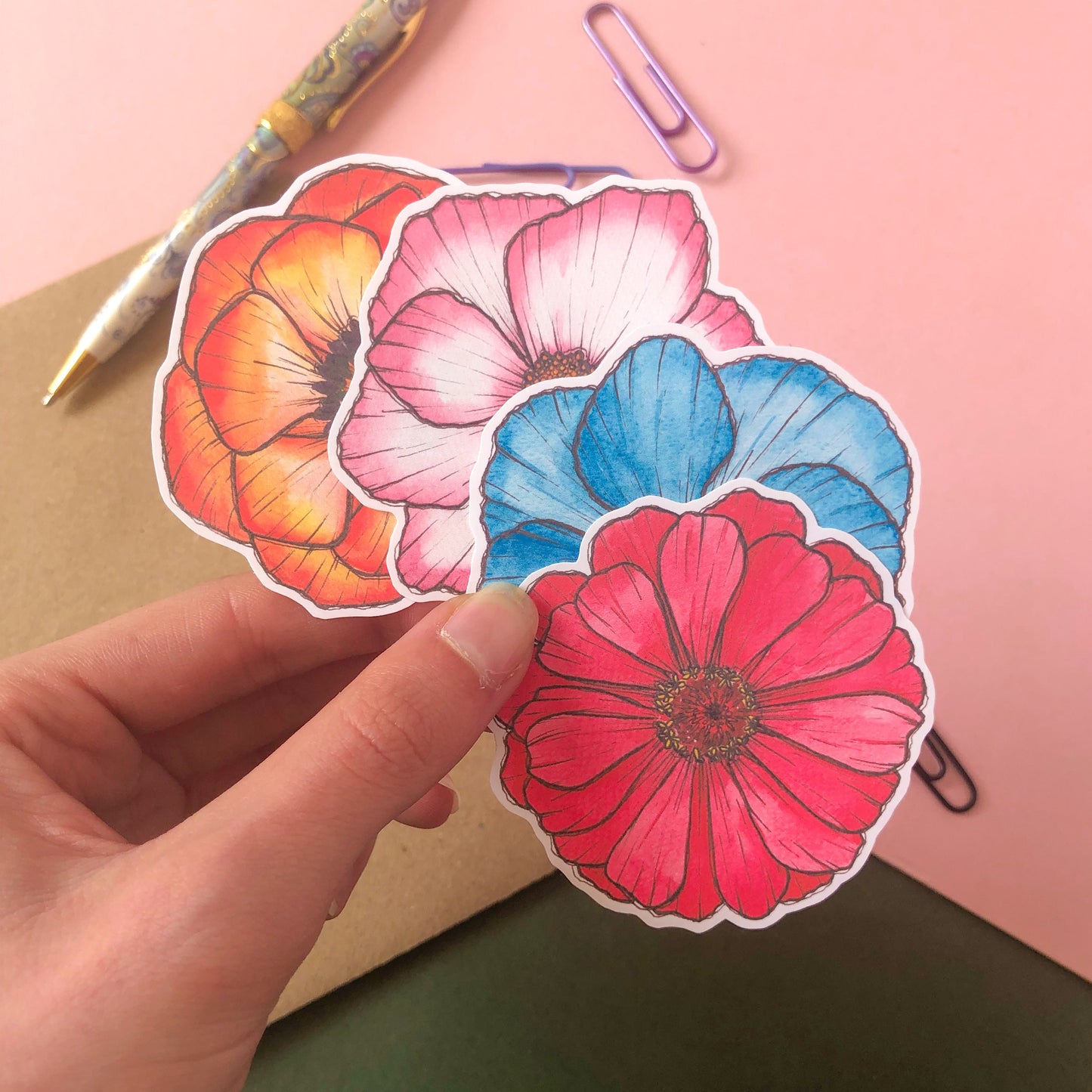 Summer Flowers Sticker Pack: Zinnia, Cosmo, Poppy & Anemone
