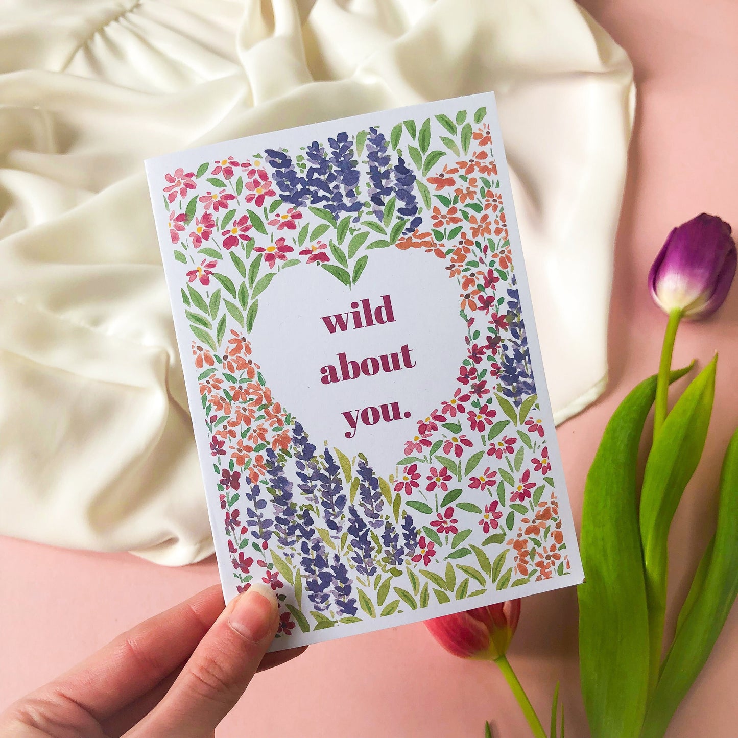 Wild About You Flower Garden Heart Valentines Day Card - Galentines, Anniversary, Eco Friendly Love Note - A6 Floral Watercolour Wildflowers