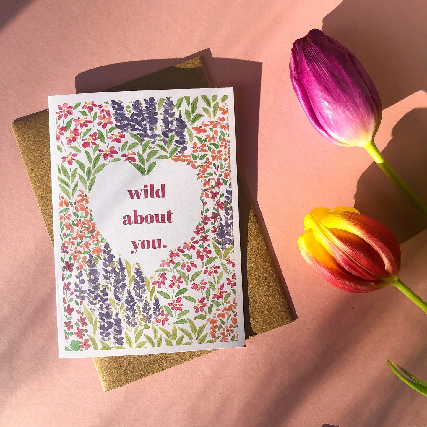 Wild About You Flower Garden Heart Valentines Day Card - Galentines, Anniversary, Eco Friendly Love Note - A6 Floral Watercolour Wildflowers