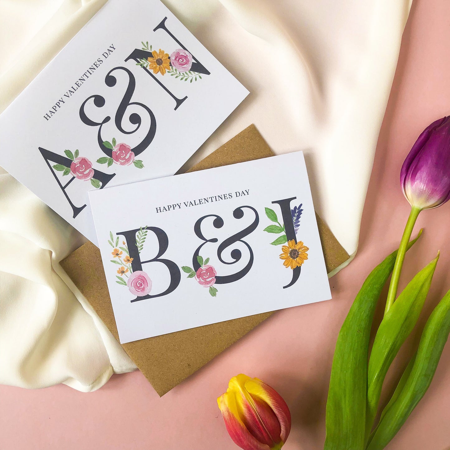Personalised Happy Valentines Day Initial Card - Customised Valentines Gift - A6 Floral Font Watercolour Card, Anniversary, Eco Friendly
