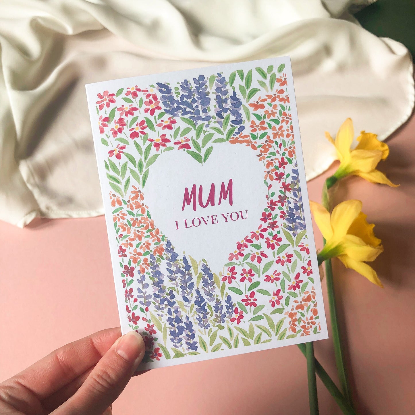 Mum, I Love You Mother's Day Card A6 Flower Garden Card for Mum, Step Mum - Hand Painted Floral Watercolour Garden Wild Flowers Eco Friendly