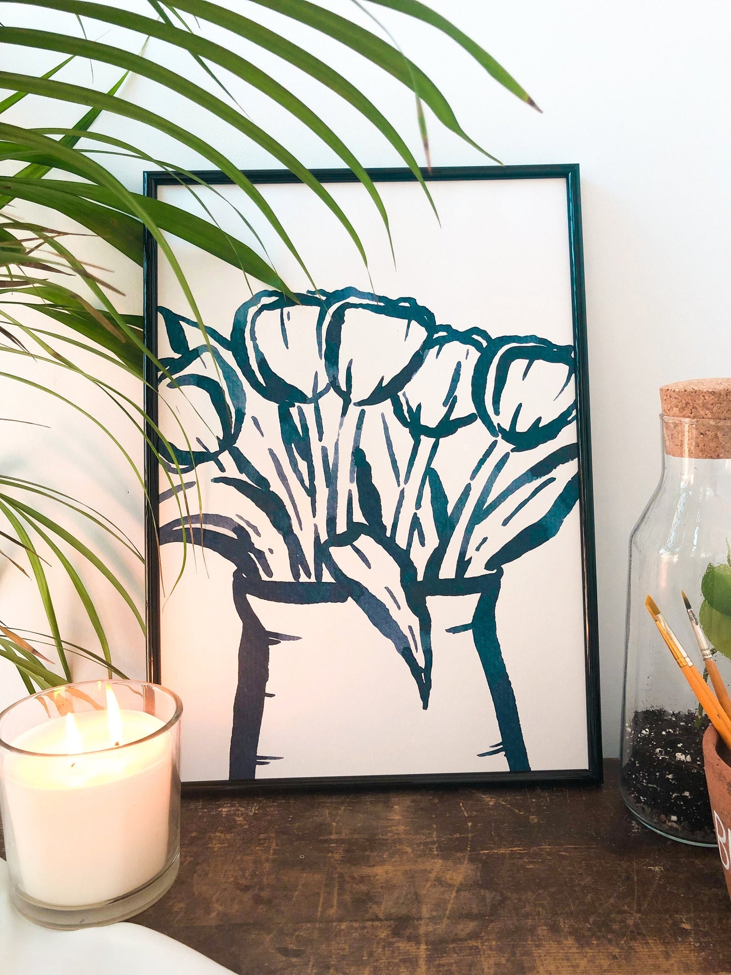 ATulips Art Print A3 Spring Flowers - Blue Ink Wall Art Botanical Watercolour Living Room Decor, Minimalist Art - Plant Lover Gift