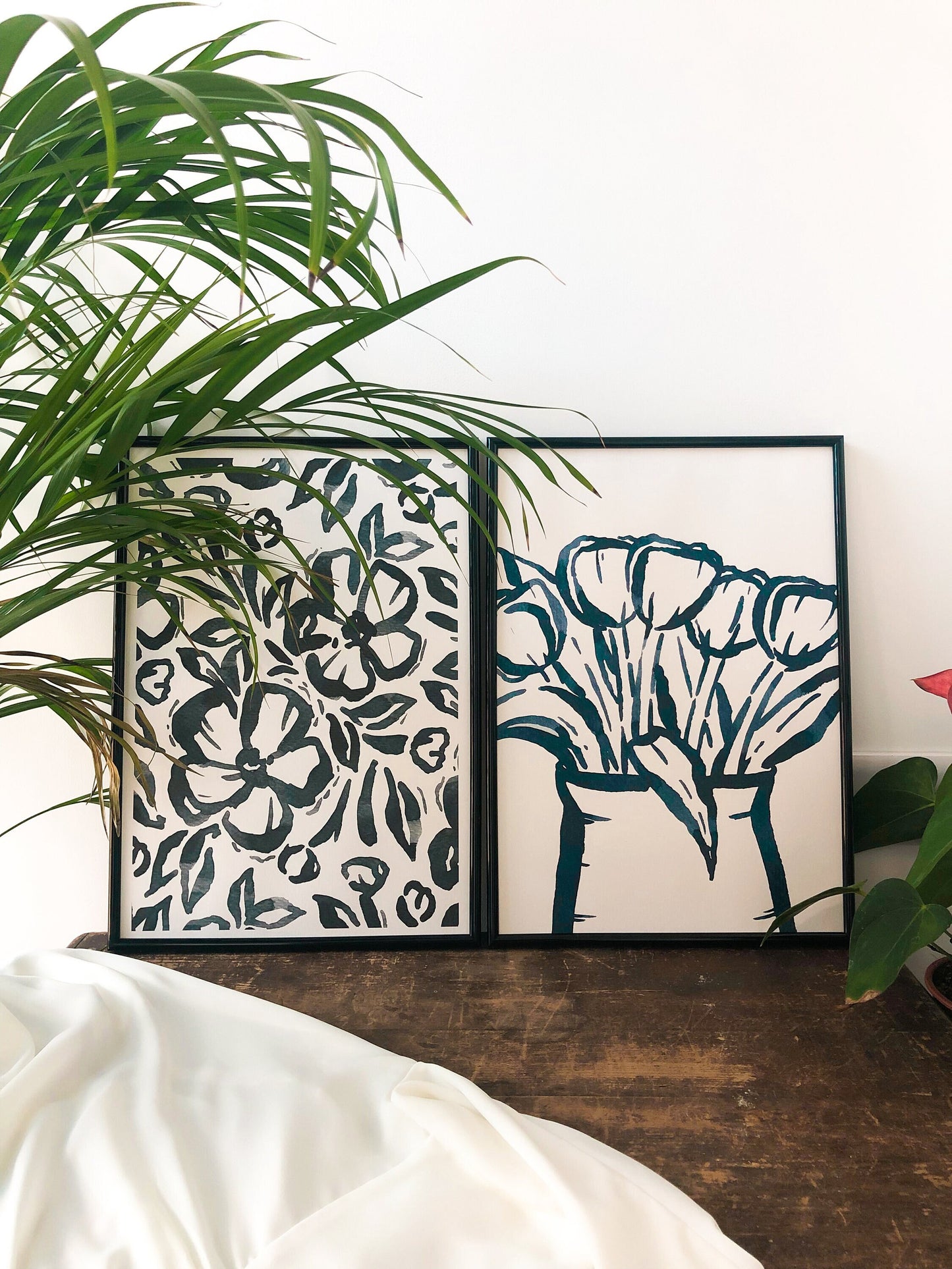 ASET OF 2 Prints: Blue Wildflower Camellia, Ink Tulips Print A3 Abstract - Blue Ink Hepatica Florals, Botanical Print - Indigo Wall Art