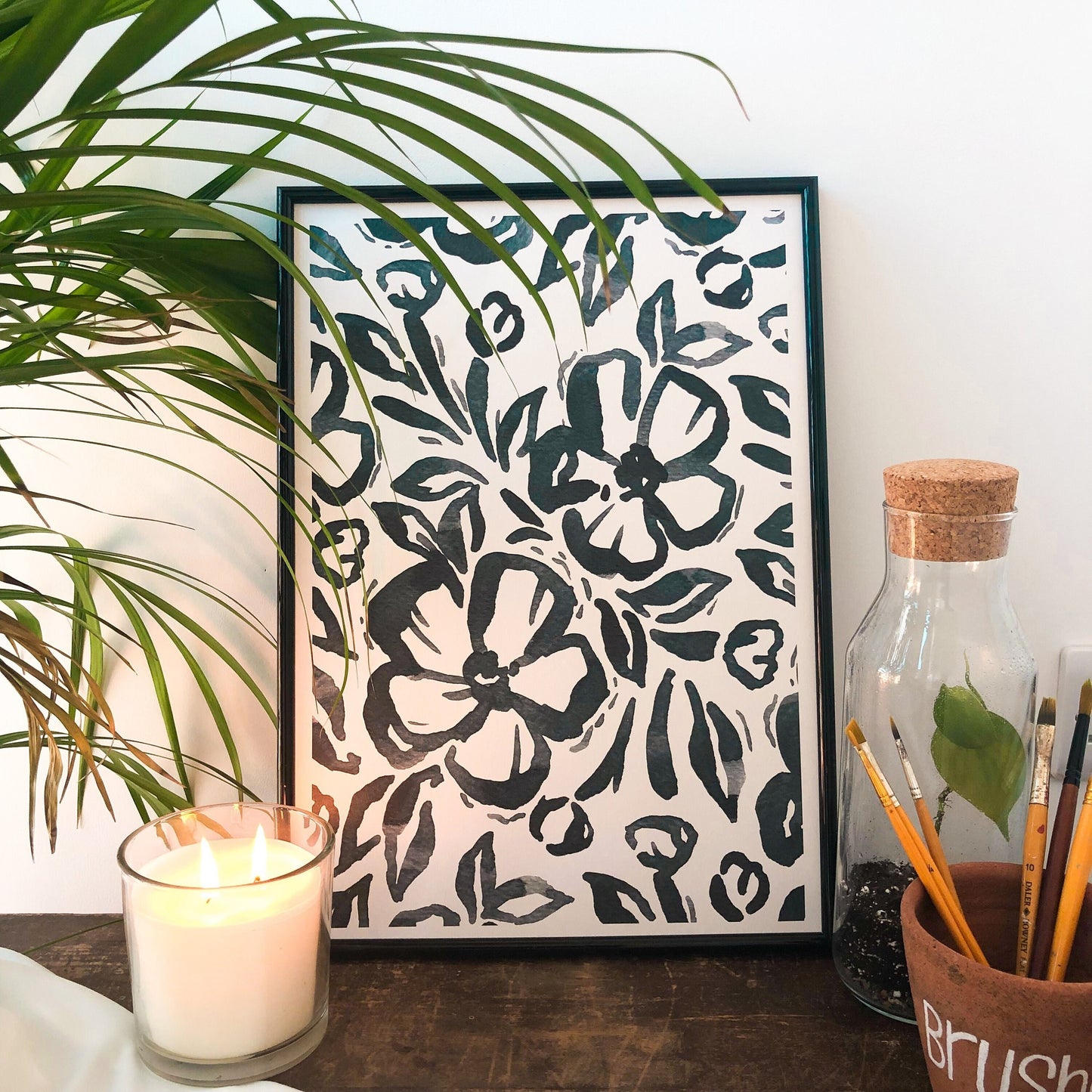 ASET OF 2 Prints: Blue Wildflower Camellia, Ink Tulips Print A3 Abstract - Blue Ink Hepatica Florals, Botanical Print - Indigo Wall Art