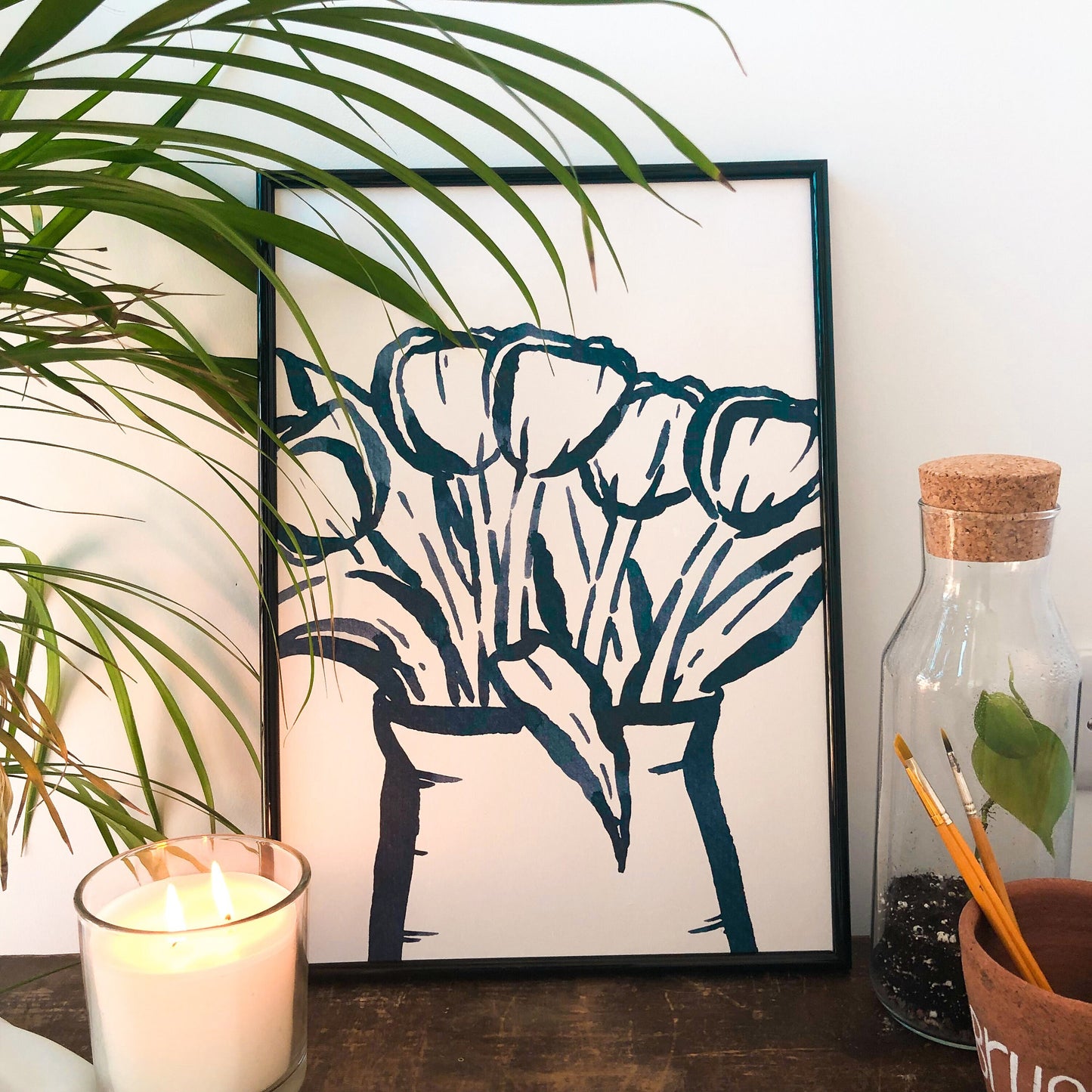 ASET OF 2 Prints: Blue Wildflower Camellia, Ink Tulips Print A3 Abstract - Blue Ink Hepatica Florals, Botanical Print - Indigo Wall Art