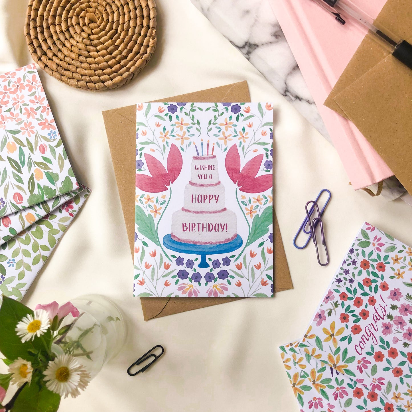 Pack of 3 Birthday Cards: Birthday Cake, Wishing You A Happy Birthday & Spring Flowers Happy Birthday