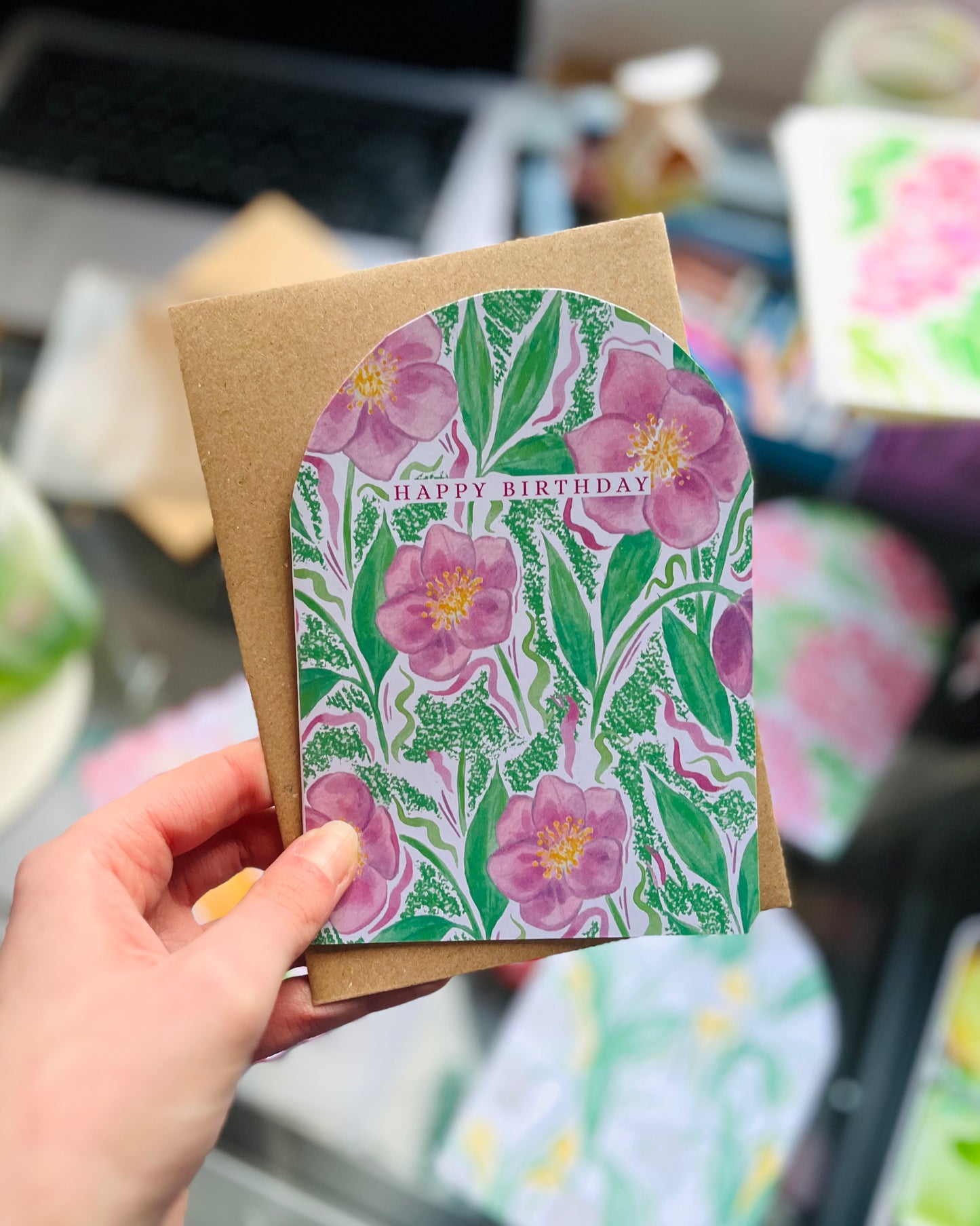 Pink Floral Hellebore Happy Birthday Card