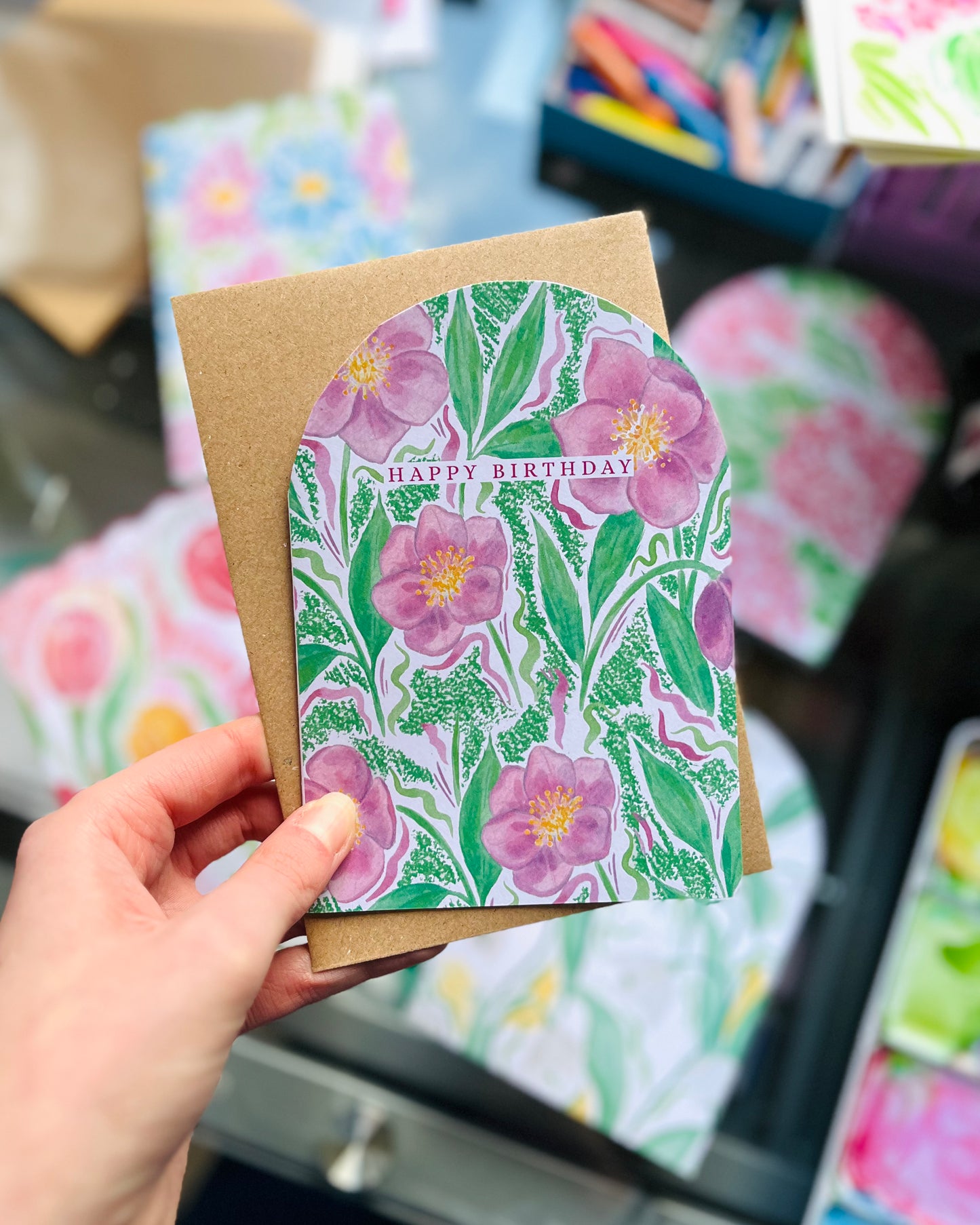 Pink Floral Hellebore Happy Birthday Card