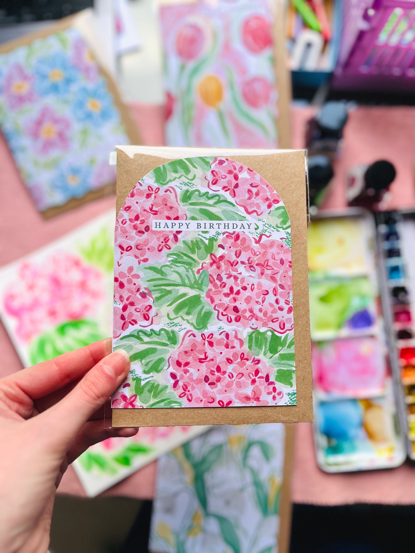 Pink Hydrangea Happy Birthday Card