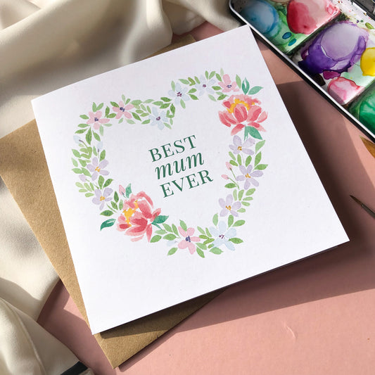 Best Mum Ever Square Card Floral Heart Design