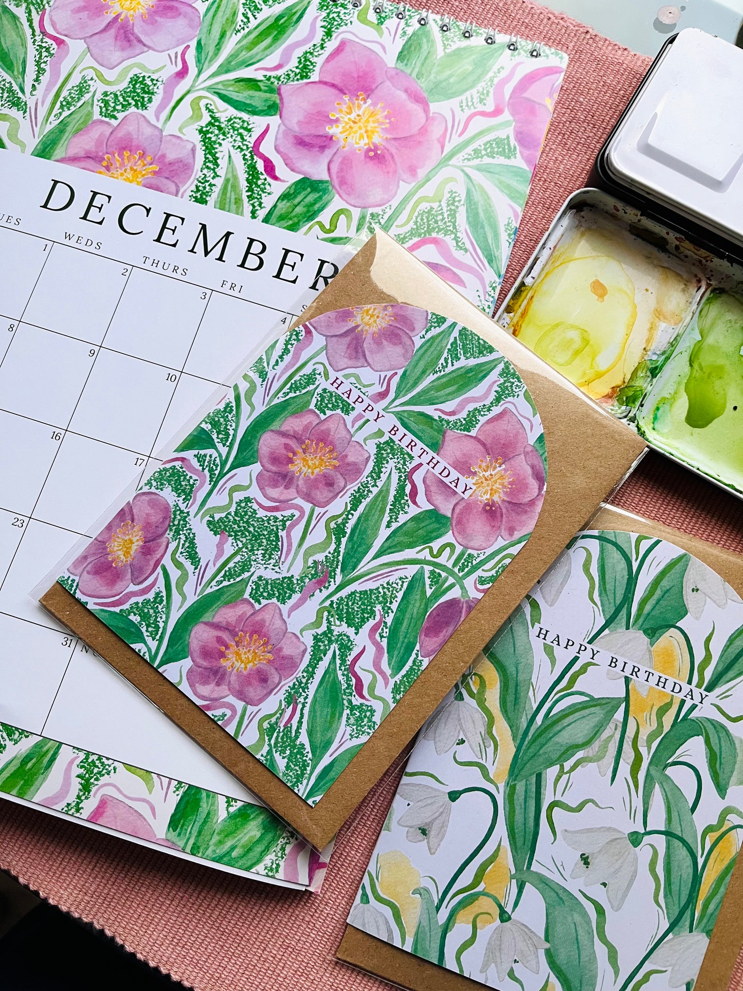 Pink Floral Hellebore Happy Birthday Card