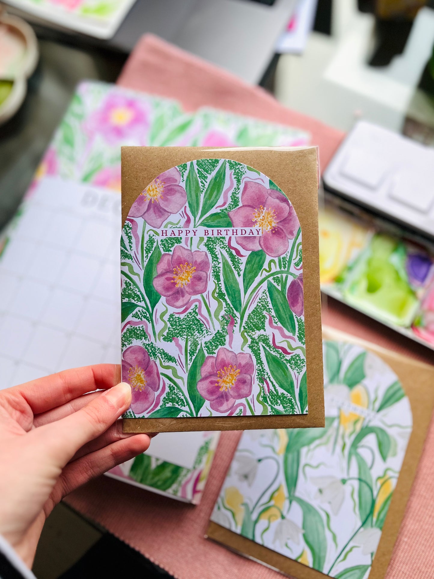 Pink Floral Hellebore Happy Birthday Card