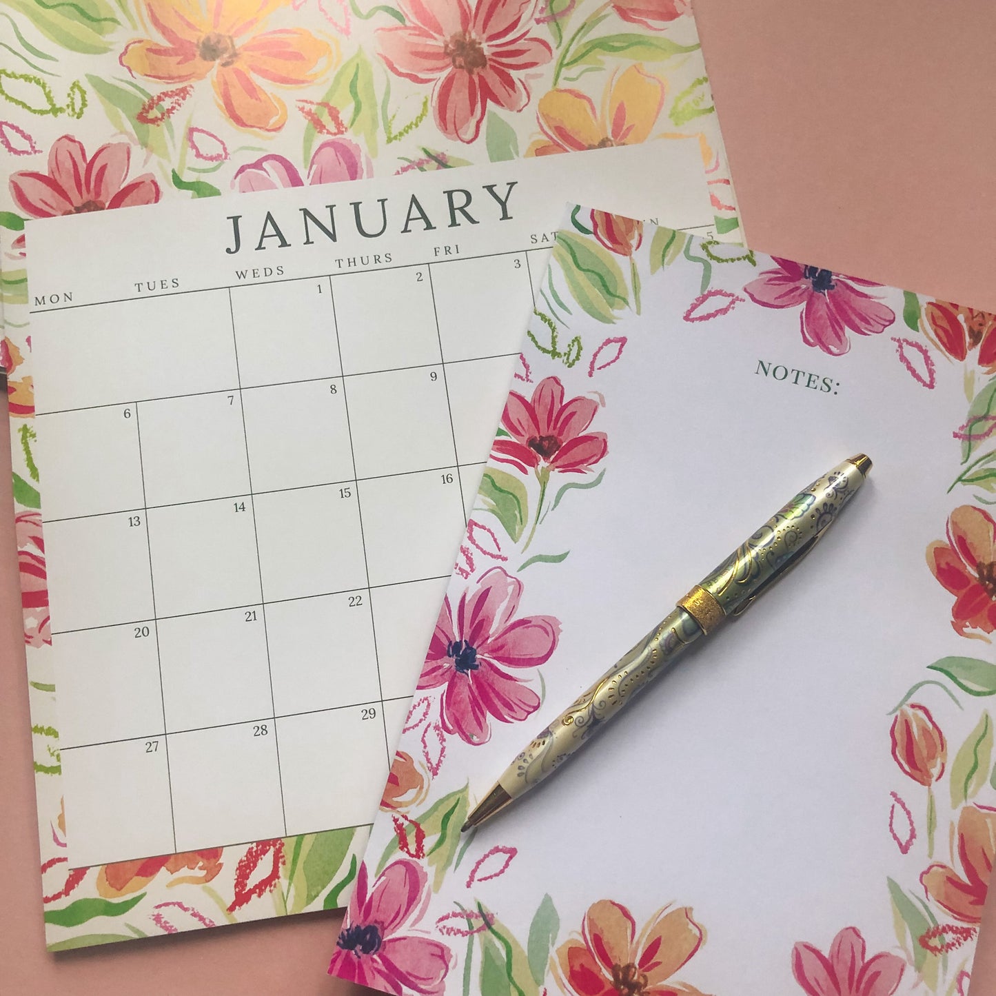 Calendar & Pink Floral A5 Notepad Gift Set