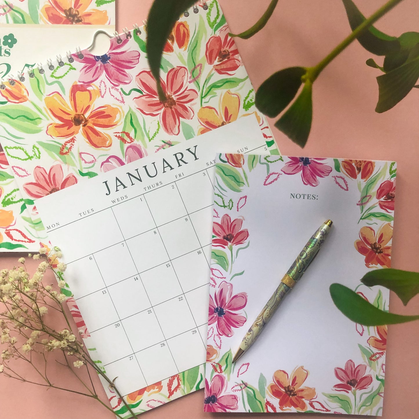 Calendar & Pink Floral A5 Notepad Gift Set