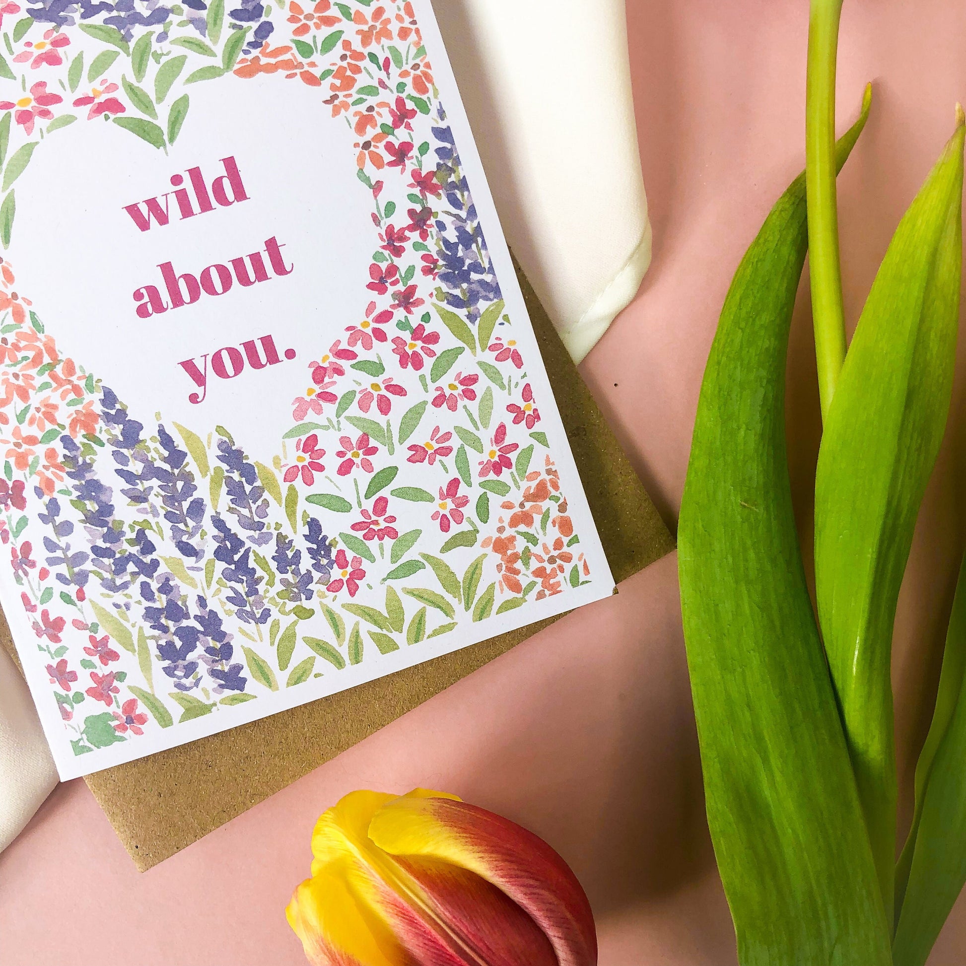 Wild About You Flower Garden Heart Valentines Day Card - Galentines, Anniversary, Eco Friendly Love Note - A6 Floral Watercolour Wildflowers
