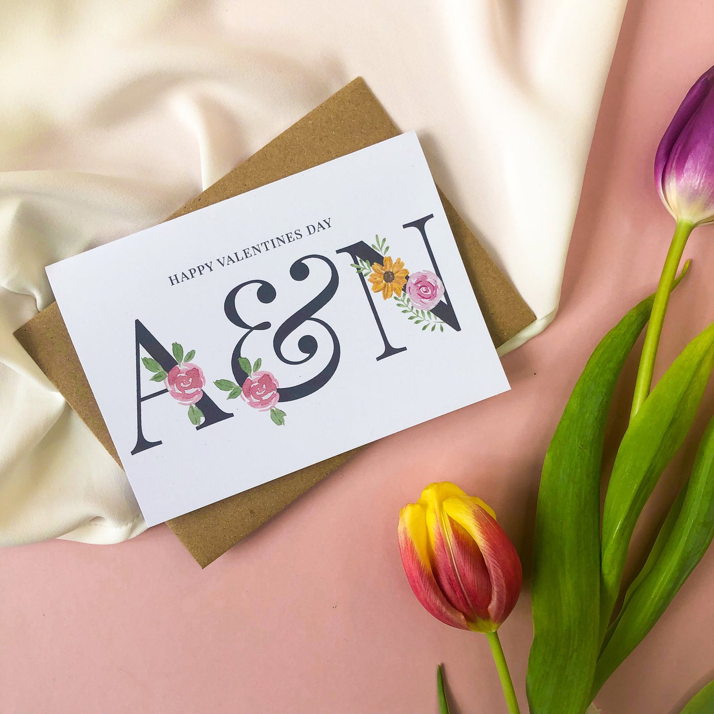 Personalised Happy Valentines Day Initial Card - Customised Valentines Gift - A6 Floral Font Watercolour Card, Anniversary, Eco Friendly