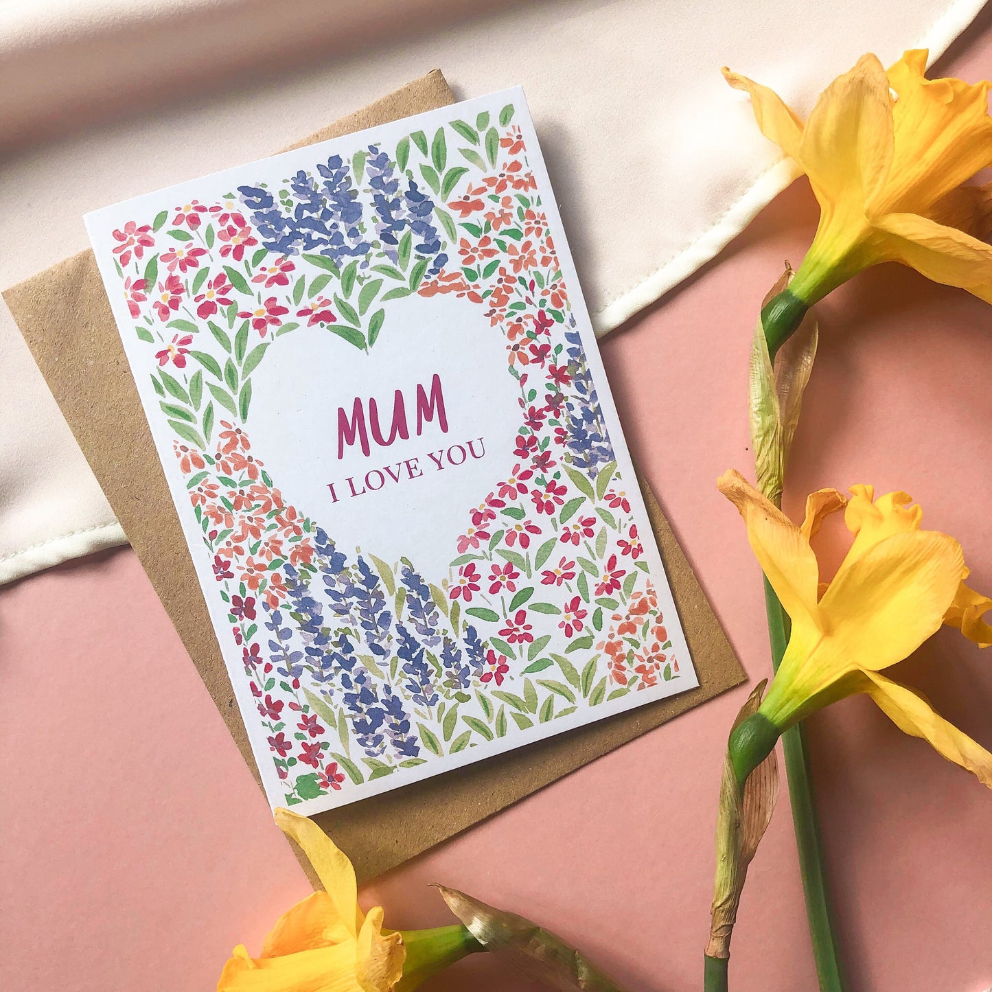 Mum, I Love You Mother's Day Card A6 Flower Garden Card for Mum, Step Mum - Hand Painted Floral Watercolour Garden Wild Flowers Eco Friendly