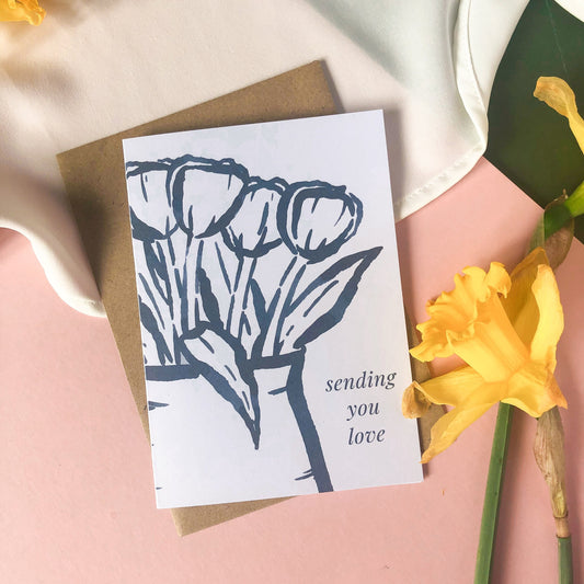 Tulips Sending You Love Sympathy Card - Flower Bouquet Thinking of You, Special Message Blank A6 Watercolour Card -Eco Friendly Plastic Free