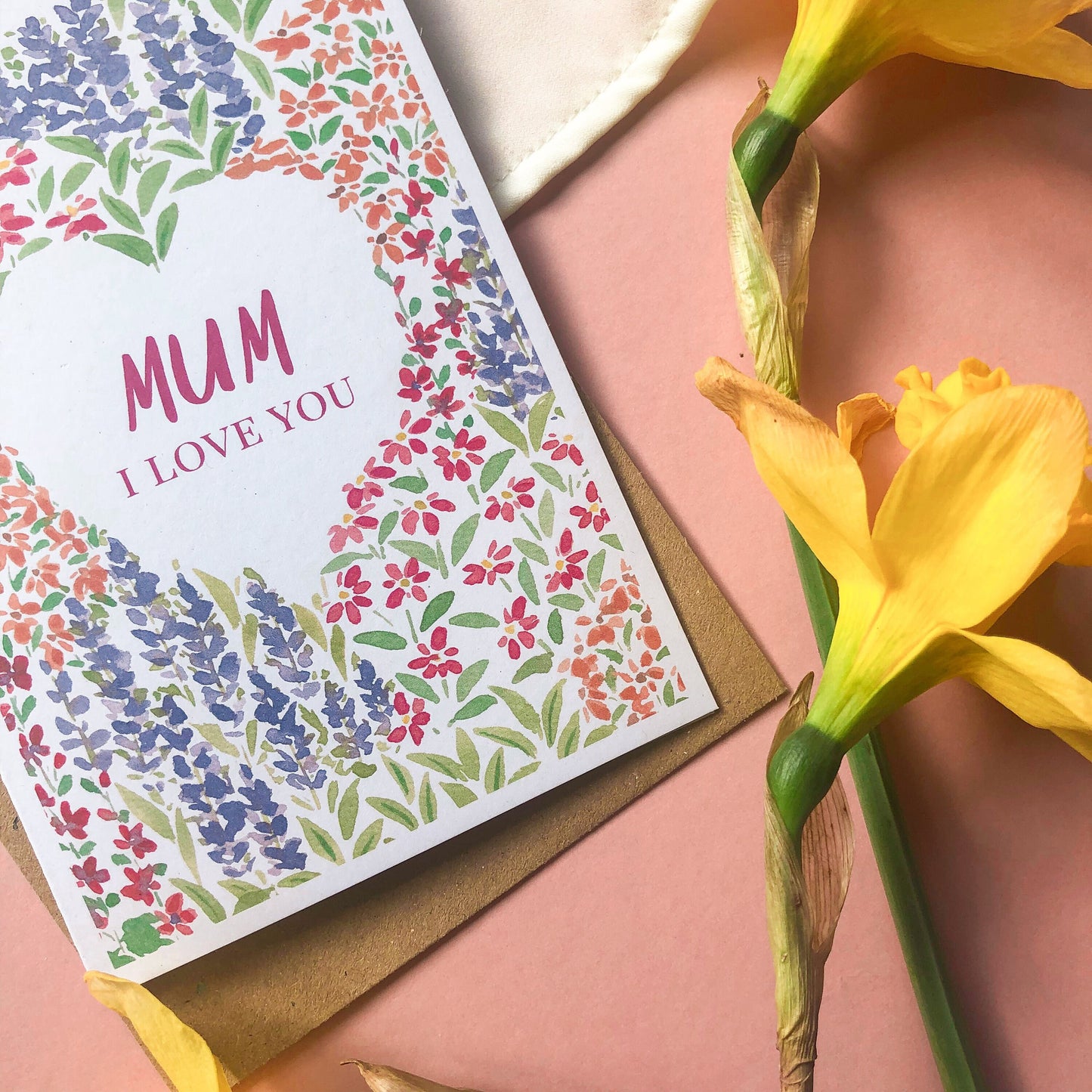 Mum, I Love You Mother's Day Card A6 Flower Garden Card for Mum, Step Mum - Hand Painted Floral Watercolour Garden Wild Flowers Eco Friendly