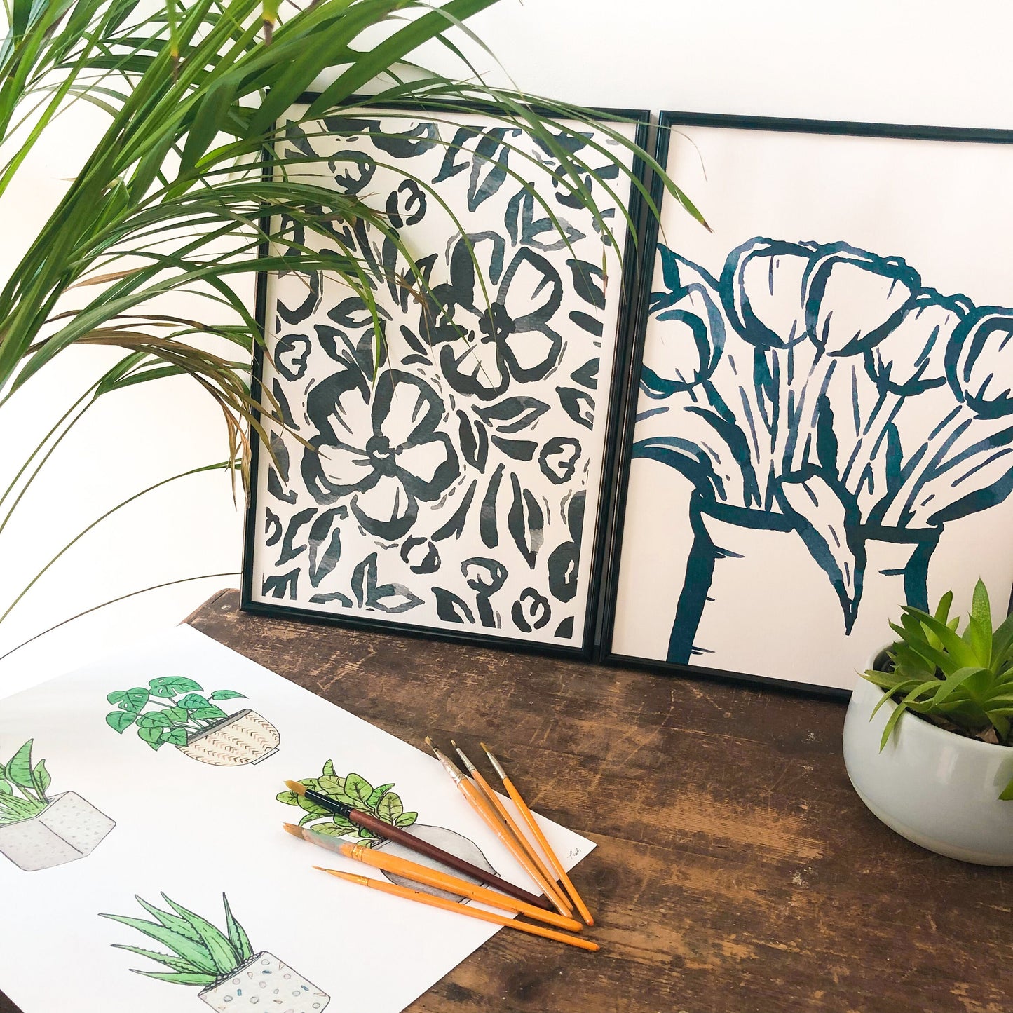 ASET OF 2 Prints: Blue Wildflower Camellia, Ink Tulips Print A3 Abstract - Blue Ink Hepatica Florals, Botanical Print - Indigo Wall Art