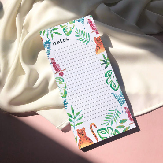 ATropical Notepad Jungle Illustration To Do List Memo Pad, 50 Pages Tropical Planner - Jungle Watercolour Stationery, Animal Lover Gift